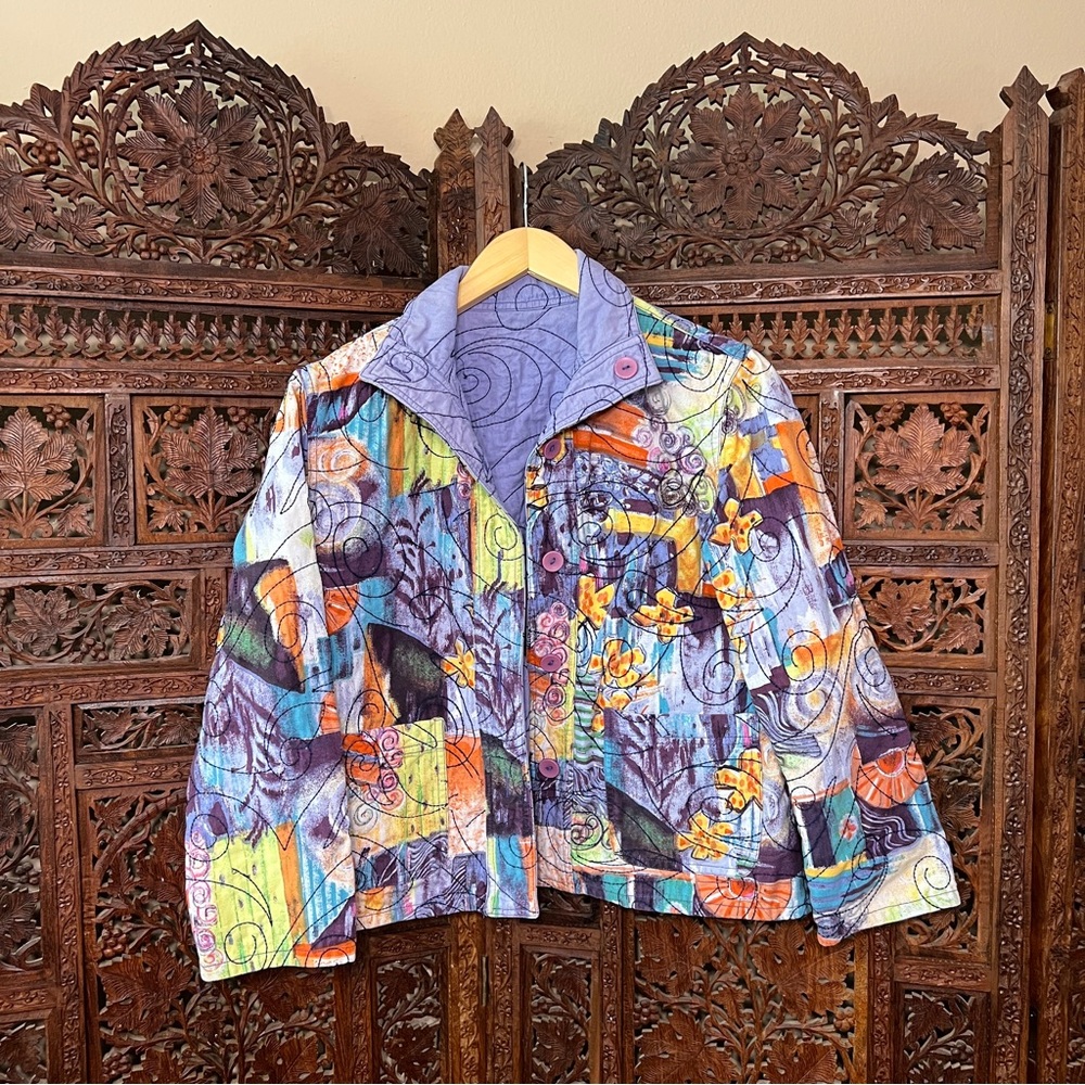 Colorful Abstract Reversible Jacket | Artsy Boho Cropped Statement Piece